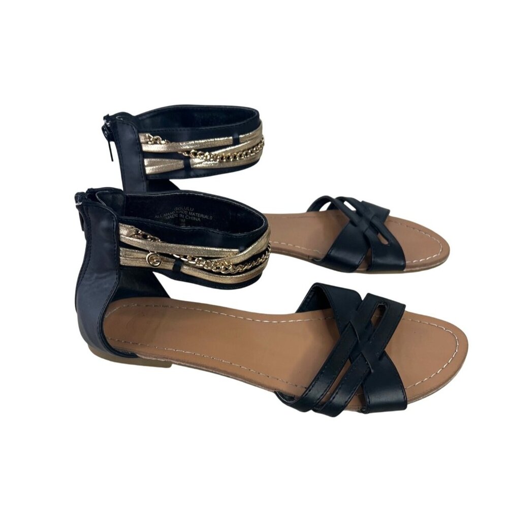 Guess Black & Gold Womens Ankle Strap Sandals With Chain Detail Size 8M